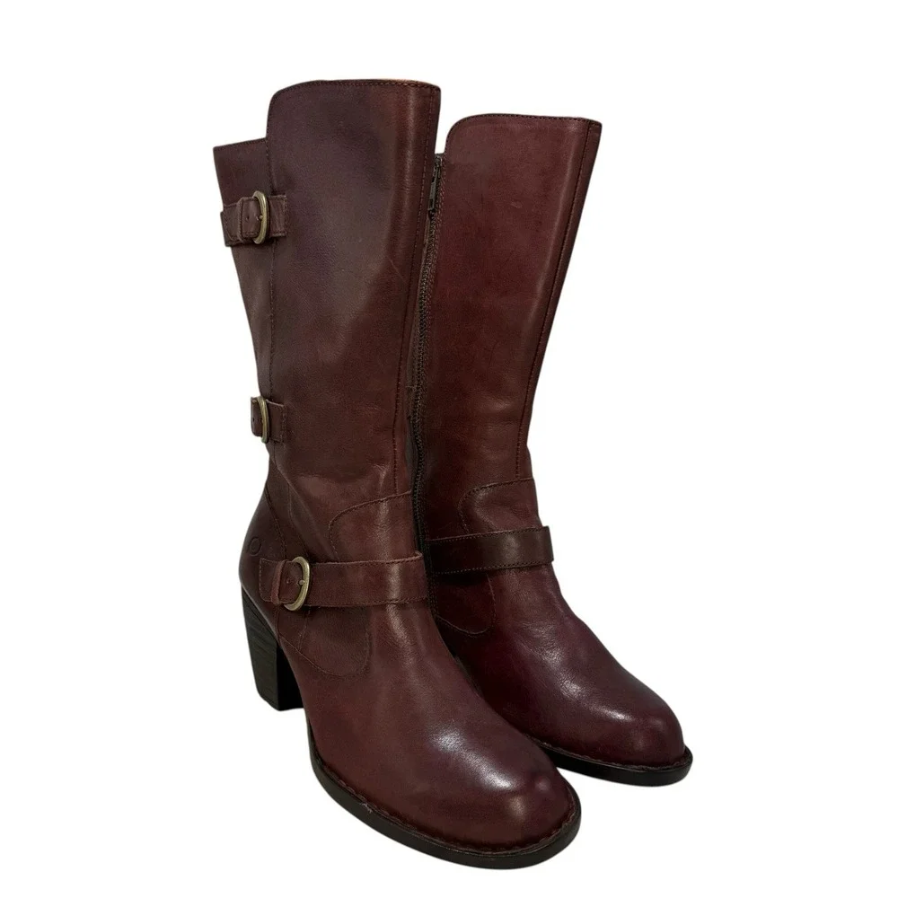Born Maleri Boots 9M Mid Calf With Buckles Brown Burgundy Leather Block Heel
